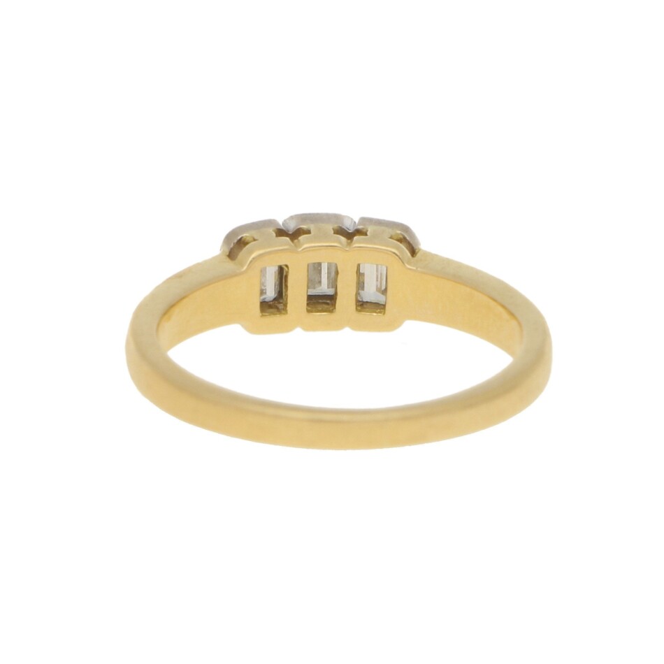 1990s Emerald-Cut Diamond Three Stone Ring in Yellow White Gold