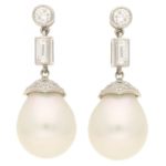 South Sea Cultured Pearl and Diamond Drop Earrings in White Gold