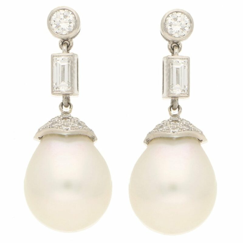 South Sea Cultured Pearl and Diamond Drop Earrings in White Gold