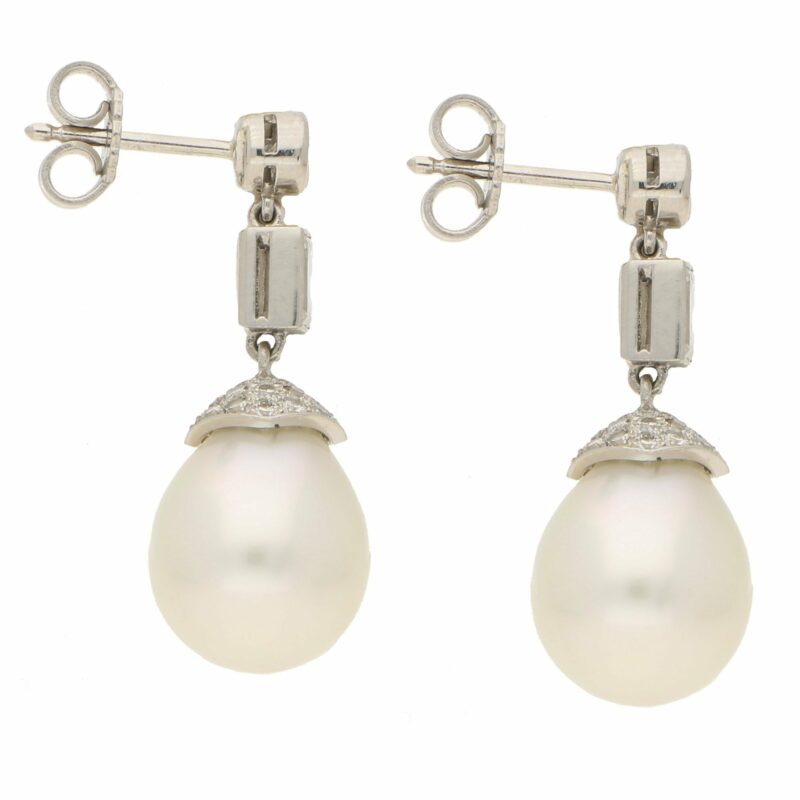 South Sea Cultured Pearl and Diamond Drop Earrings in White Gold