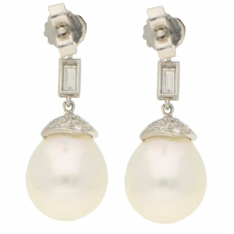 South Sea Cultured Pearl and Diamond Drop Earrings in White Gold