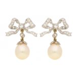 1990s Belle Epoque Style Pearl and Diamond Bow Drop Earrings