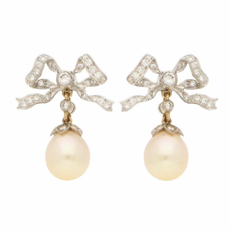 1990s Belle Epoque Style Pearl and Diamond Bow Drop Earrings