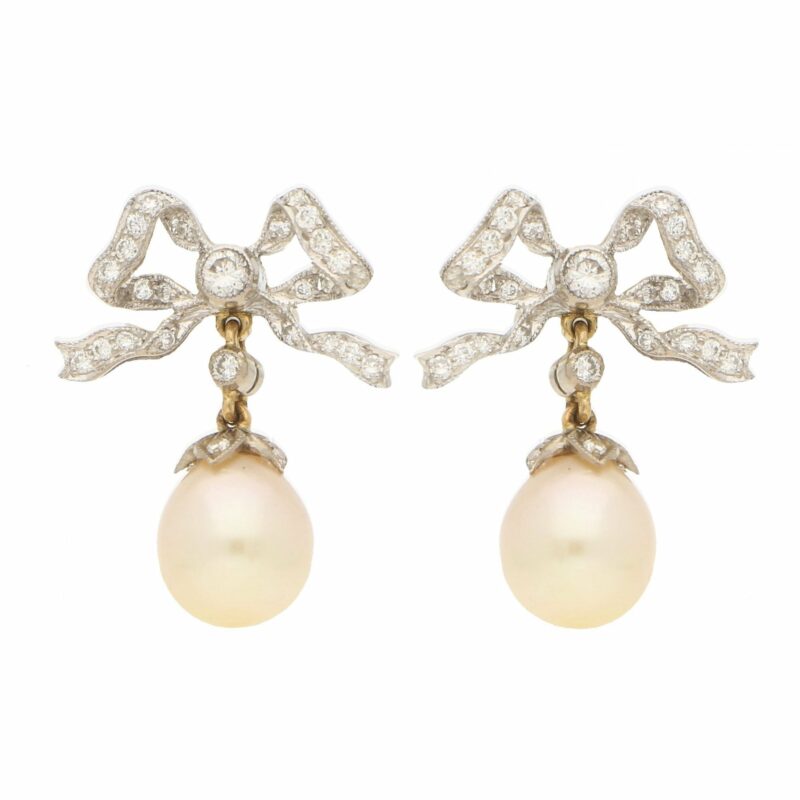 1990s Belle Epoque Style Pearl and Diamond Bow Drop Earrings