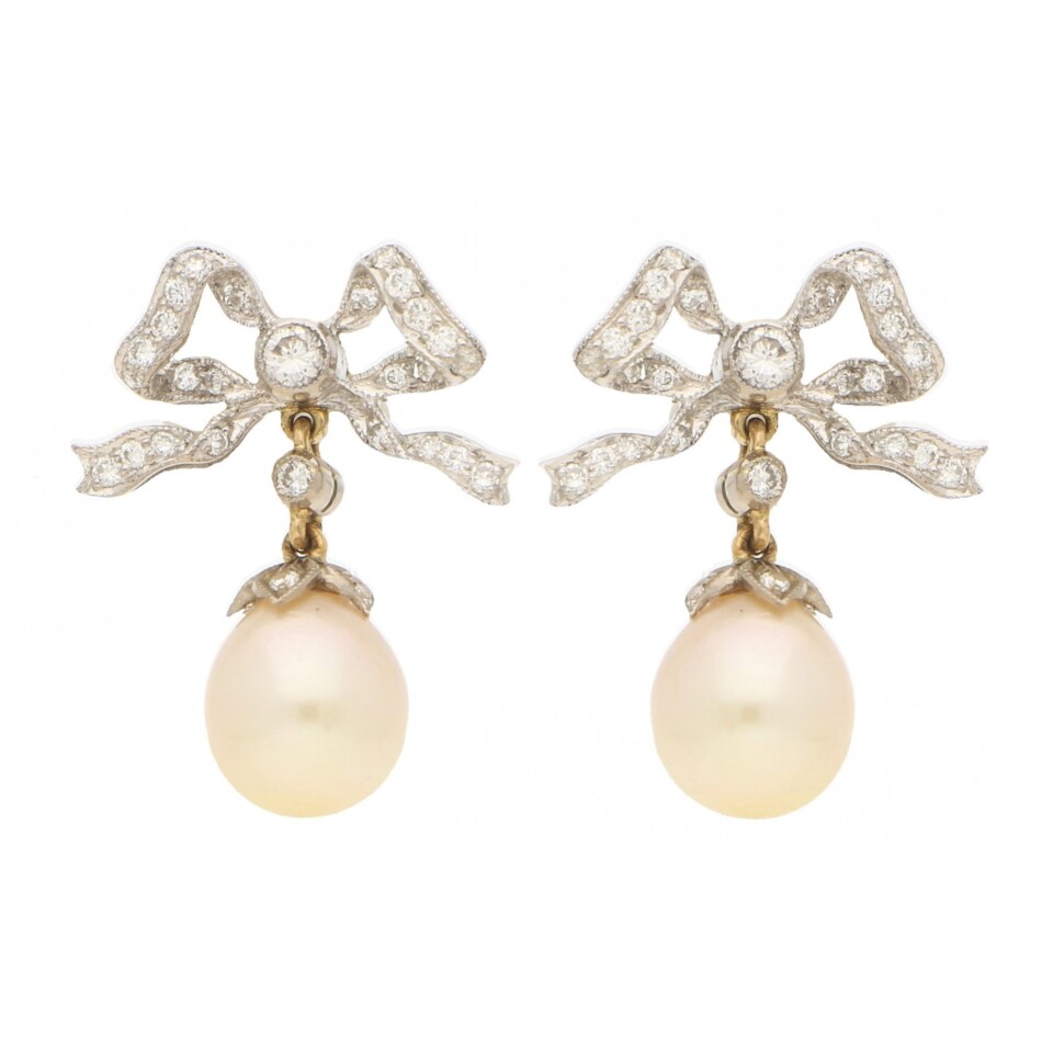 1990s Belle Epoque Style Pearl and Diamond Bow Drop Earrings