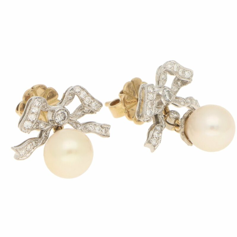 1990s Belle Epoque Style Pearl and Diamond Bow Drop Earrings