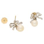 1990s Belle Epoque Style Pearl and Diamond Bow Drop Earrings