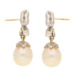 1990s Belle Epoque Style Pearl and Diamond Bow Drop Earrings