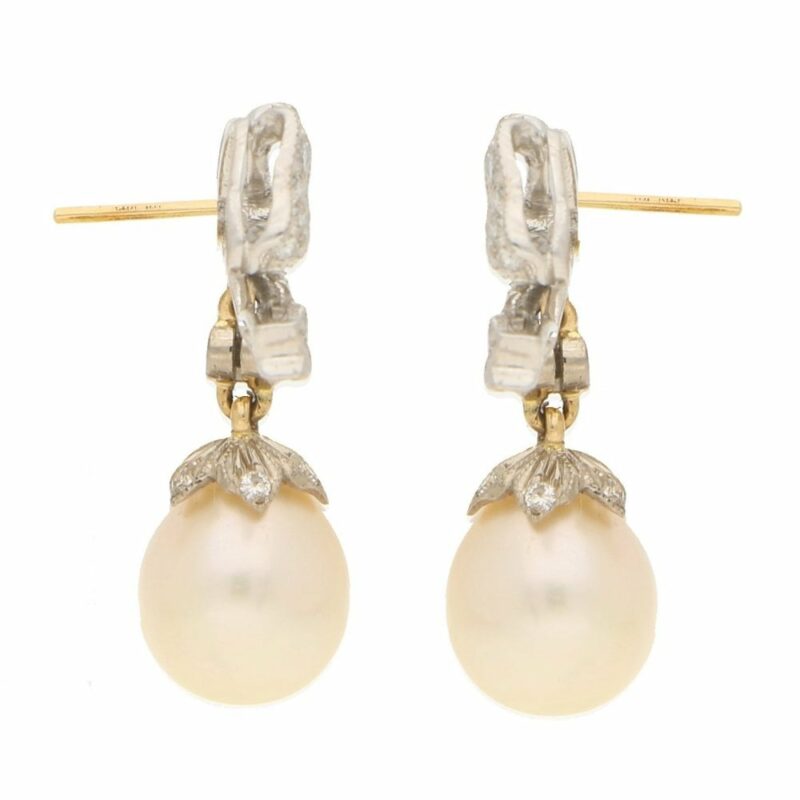 1990s Belle Epoque Style Pearl and Diamond Bow Drop Earrings