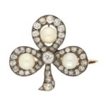 Victorian Pearl and Diamond Clover Brooch Silver-on-Gold