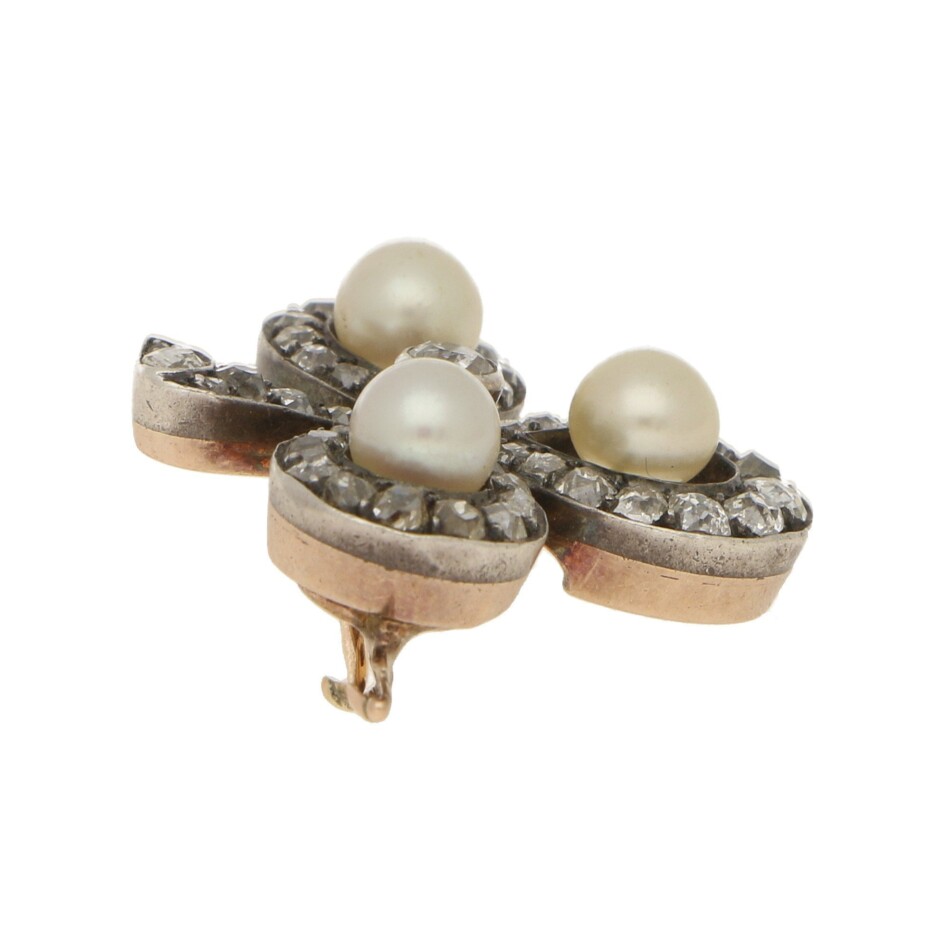 Victorian Pearl and Diamond Clover Brooch Silver-on-Gold