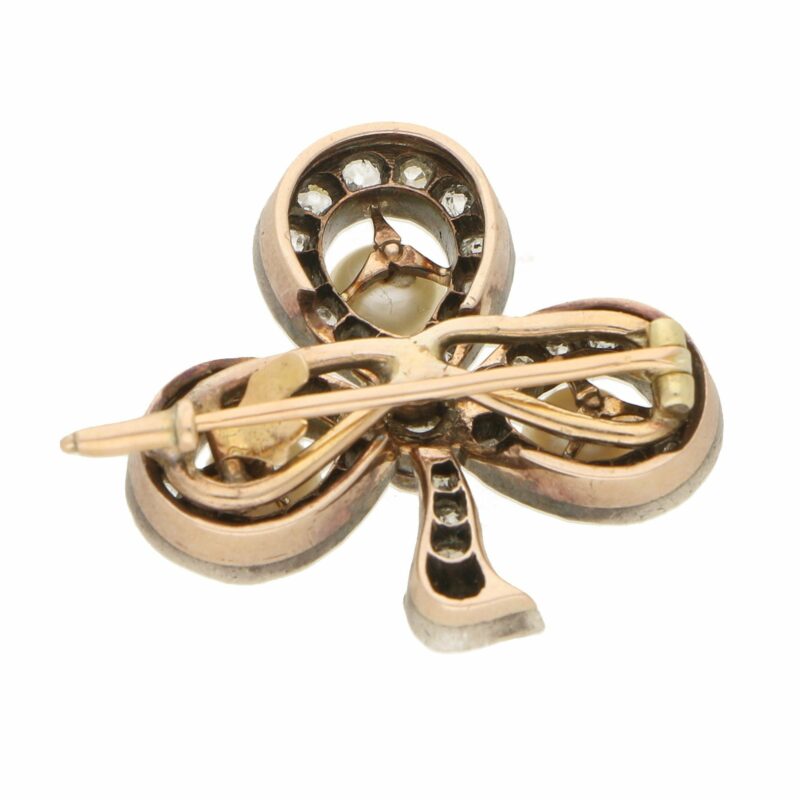 Victorian Pearl and Diamond Clover Brooch Silver-on-Gold