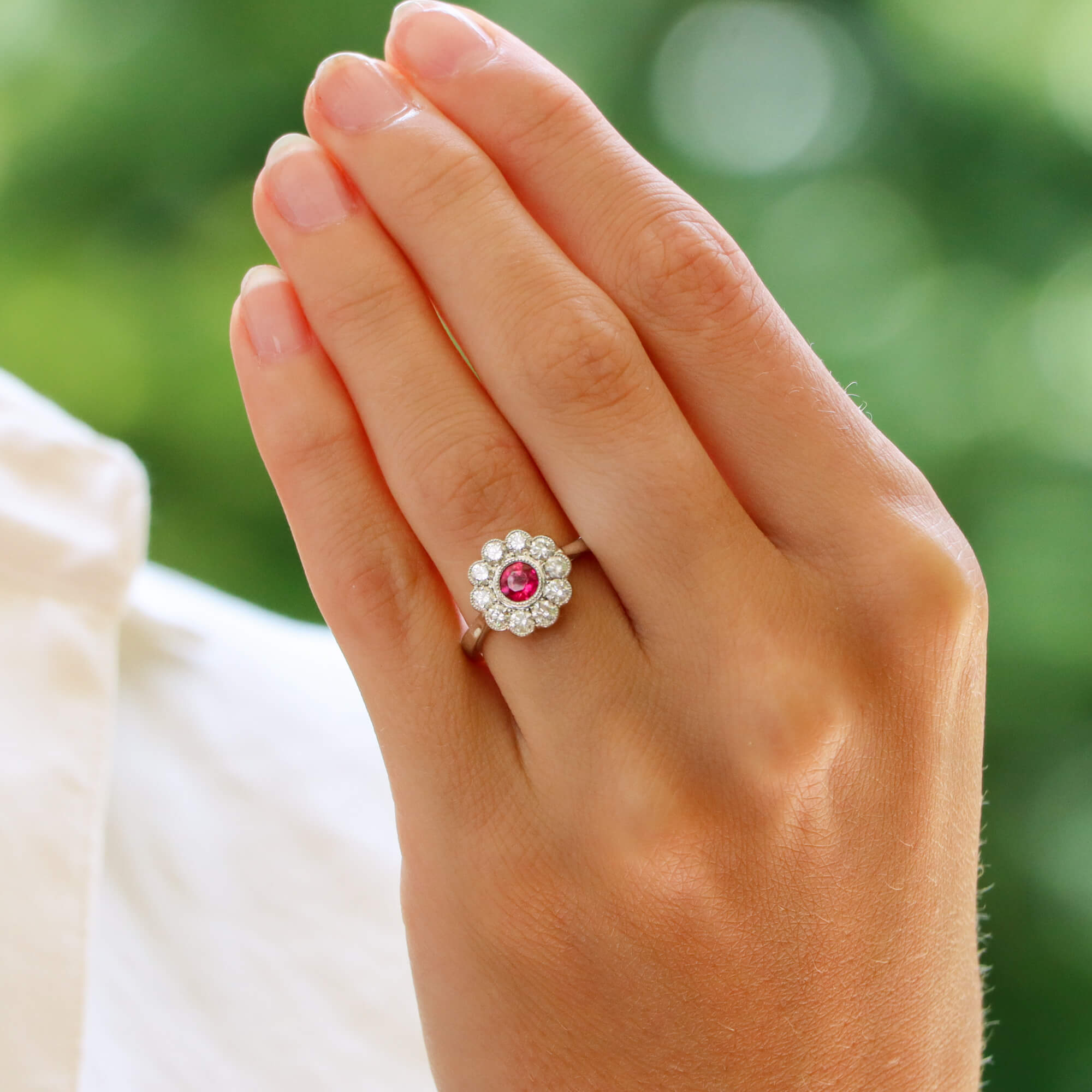 Vintage ruby and diamond cluster top ring