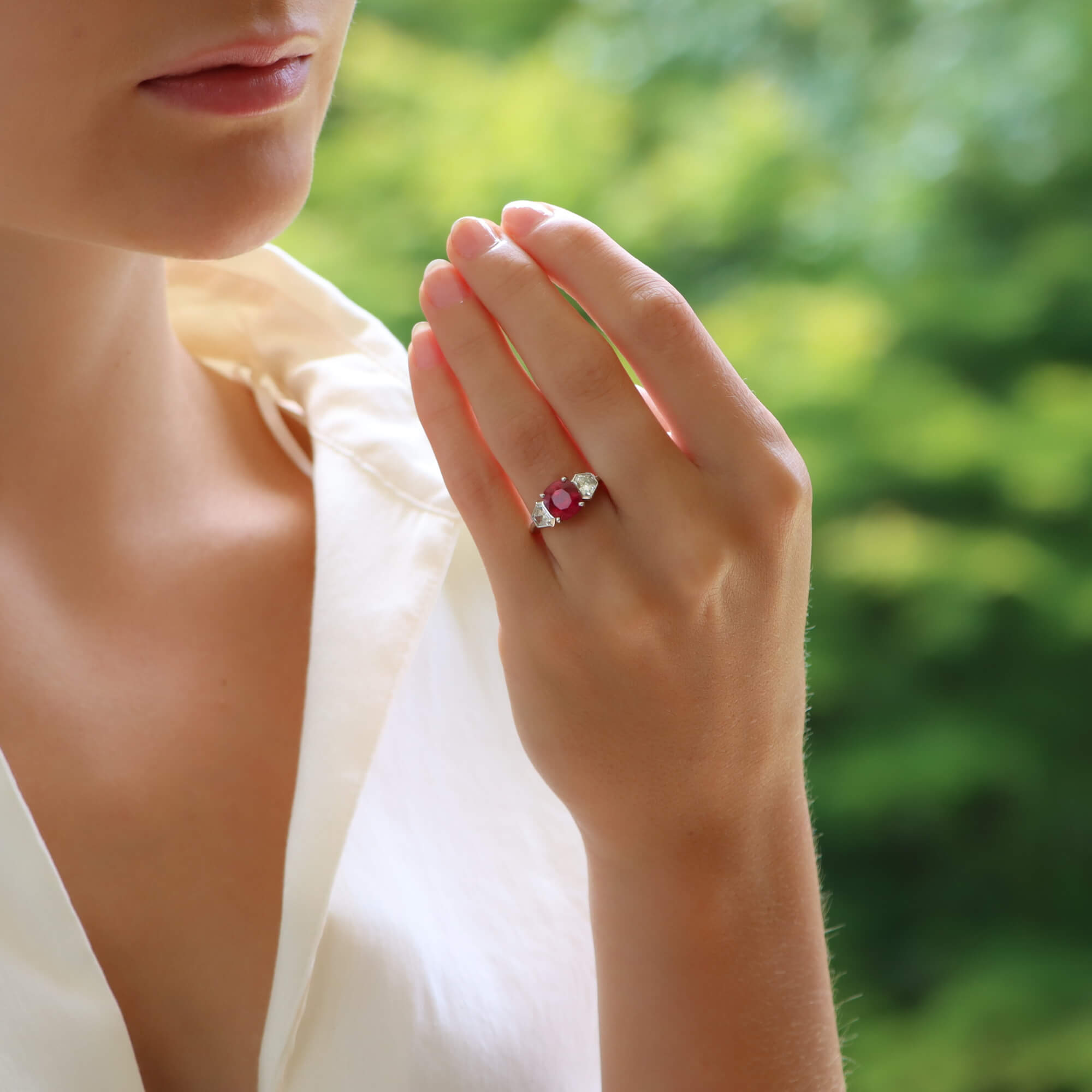 Three top ruby ring