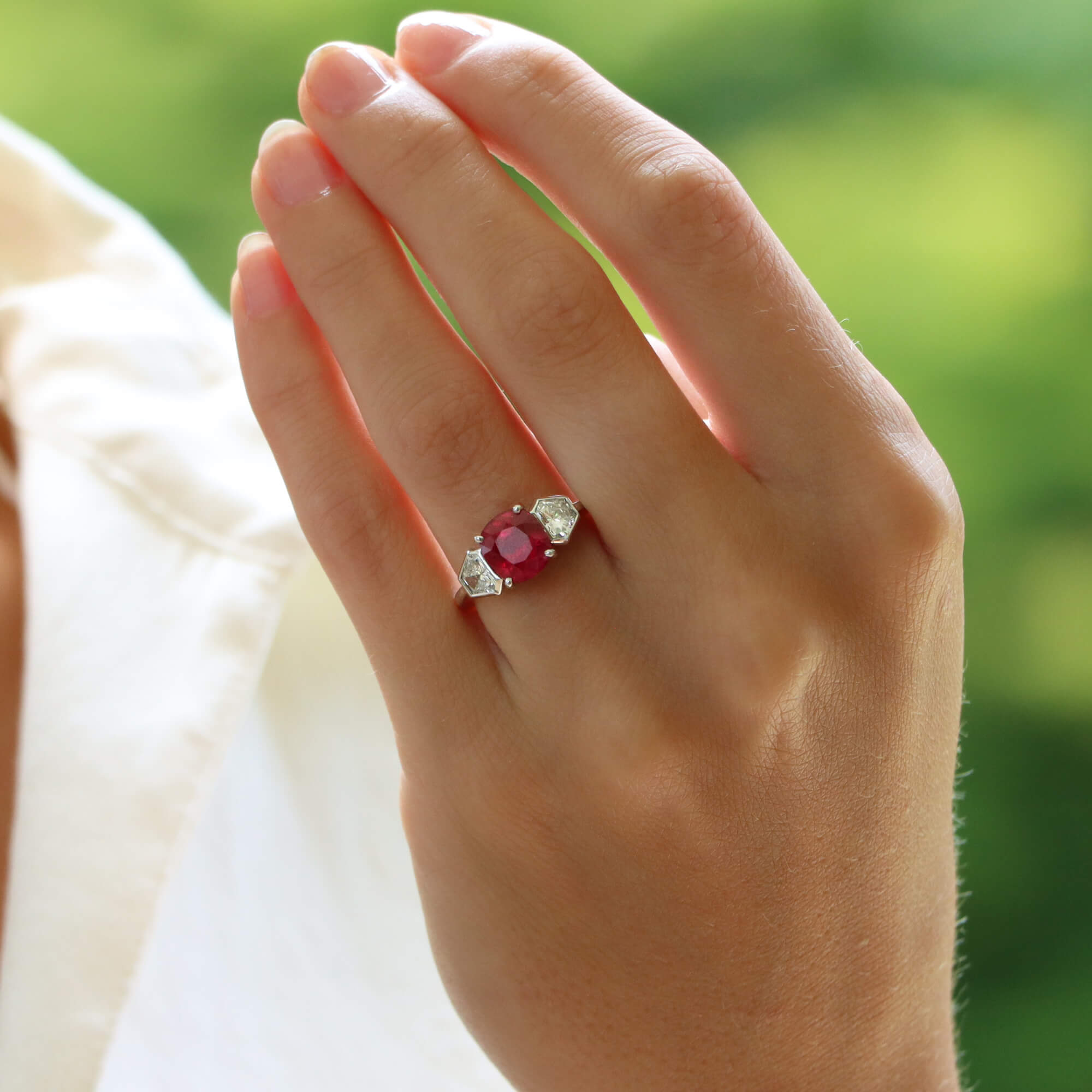 Ruby three stone ring deals