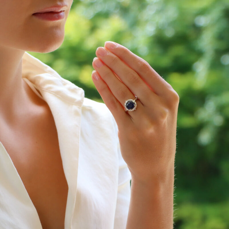 Royal Blue Sapphire and Diamond Cluster Ring