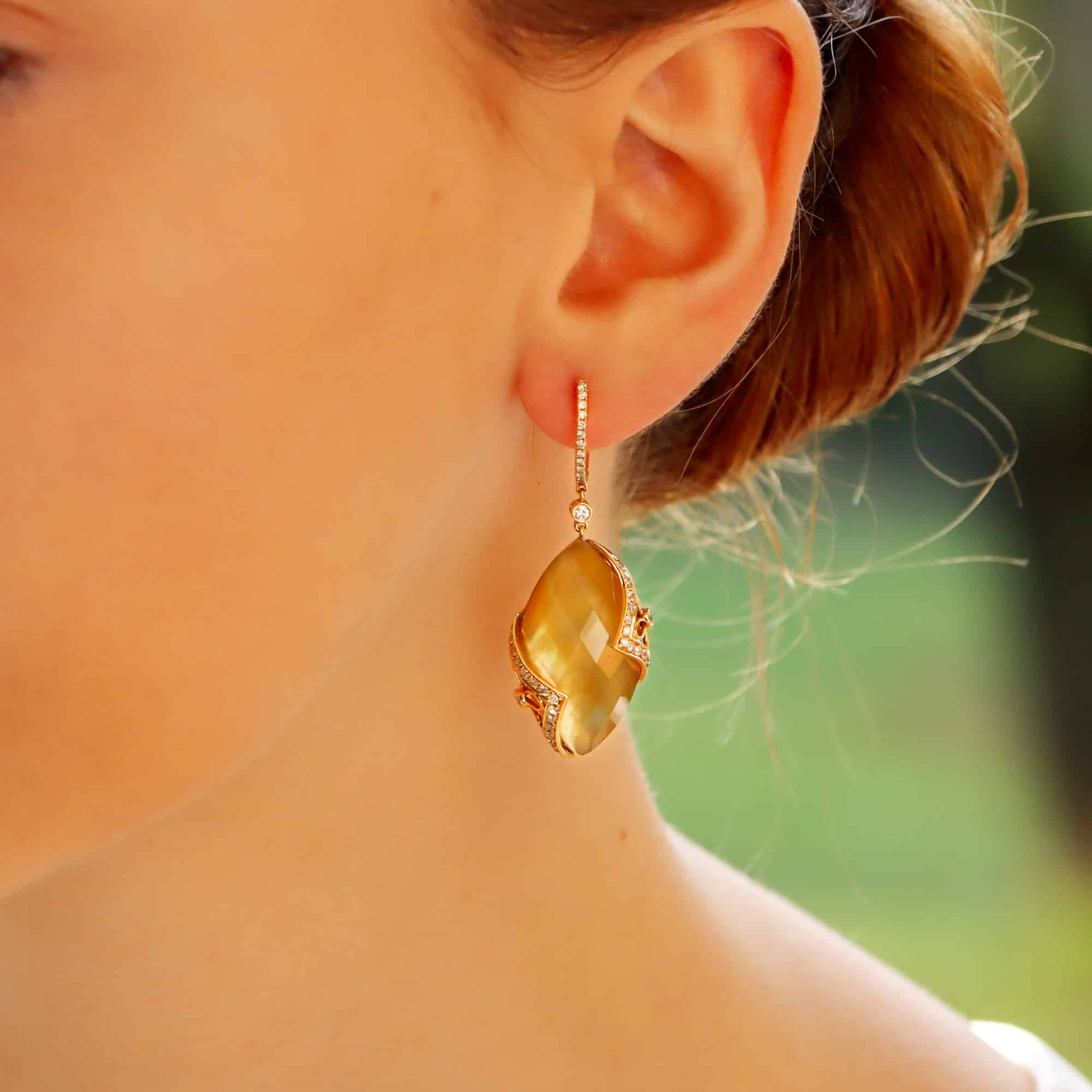 Lemon quartz and diamond drop earrings in yellow gold