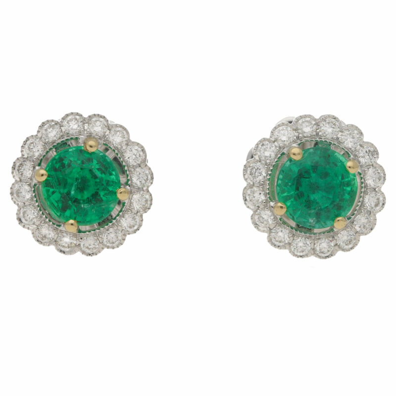 Emerald and Diamond Cluster Stud Earrings