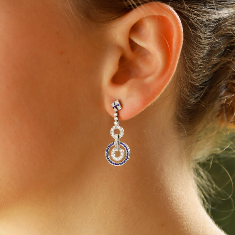 Sapphire and Diamond drop earrings, in an Art Deco Style