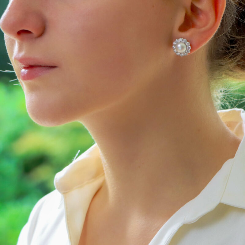 Diamond and White Pearl Cluster Earrings