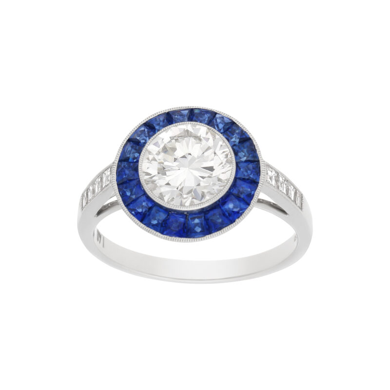 Round Brilliant Cut Diamond and Sapphire Target Ring in Platinum