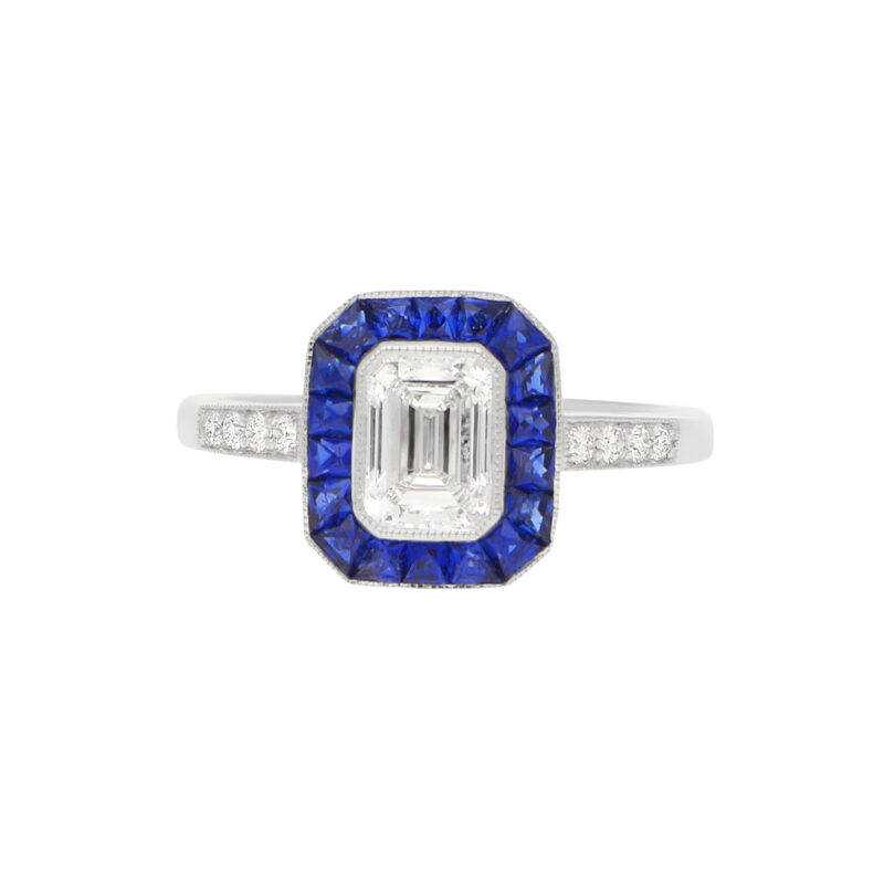 Art Deco-Style Emerald-Cut Diamond Sapphire Target Ring Platinum