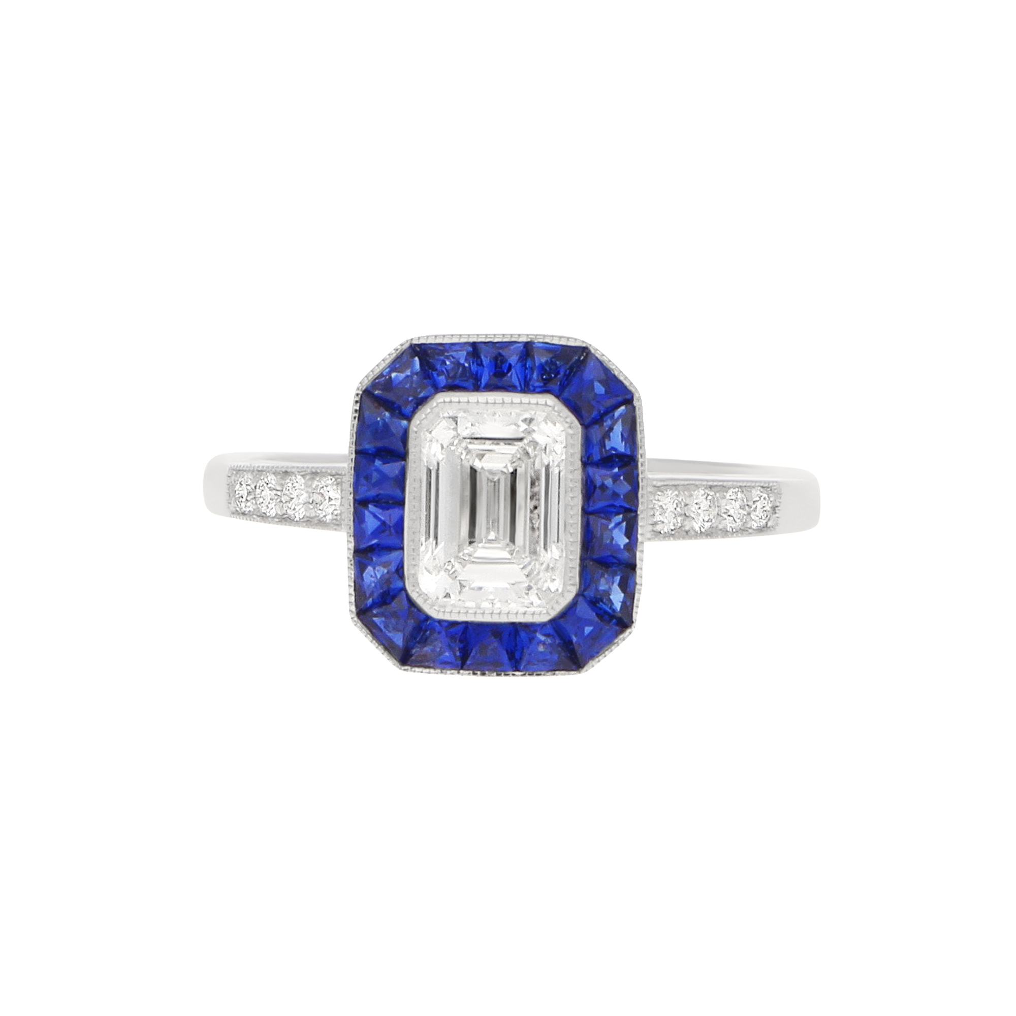 Art Deco-Style Emerald-Cut Diamond Sapphire Target Ring Platinum at ...