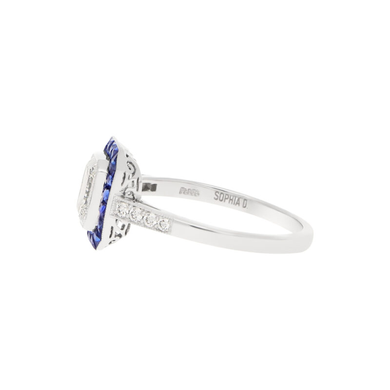 Art Deco-Style Emerald-Cut Diamond Sapphire Target Ring Platinum