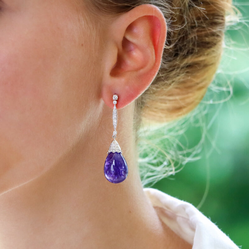 Cabochon Tanzanite and Diamond Drop Earrings in White Gold