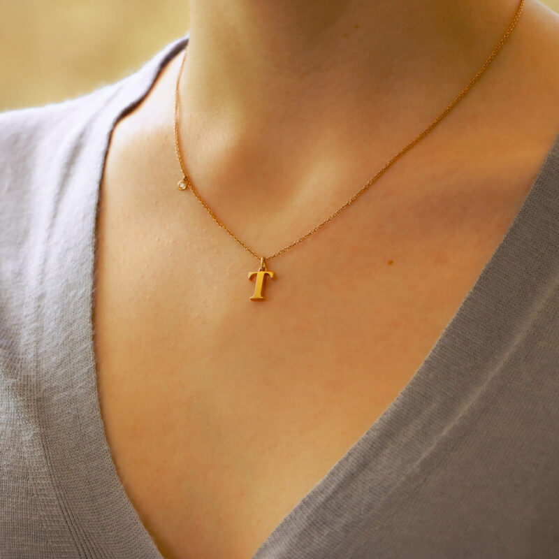 18ct rose gold letter T necklace with diamond detail