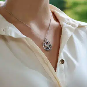 Modern Sapphire and Diamond Circular Foliate Pendant White Gold