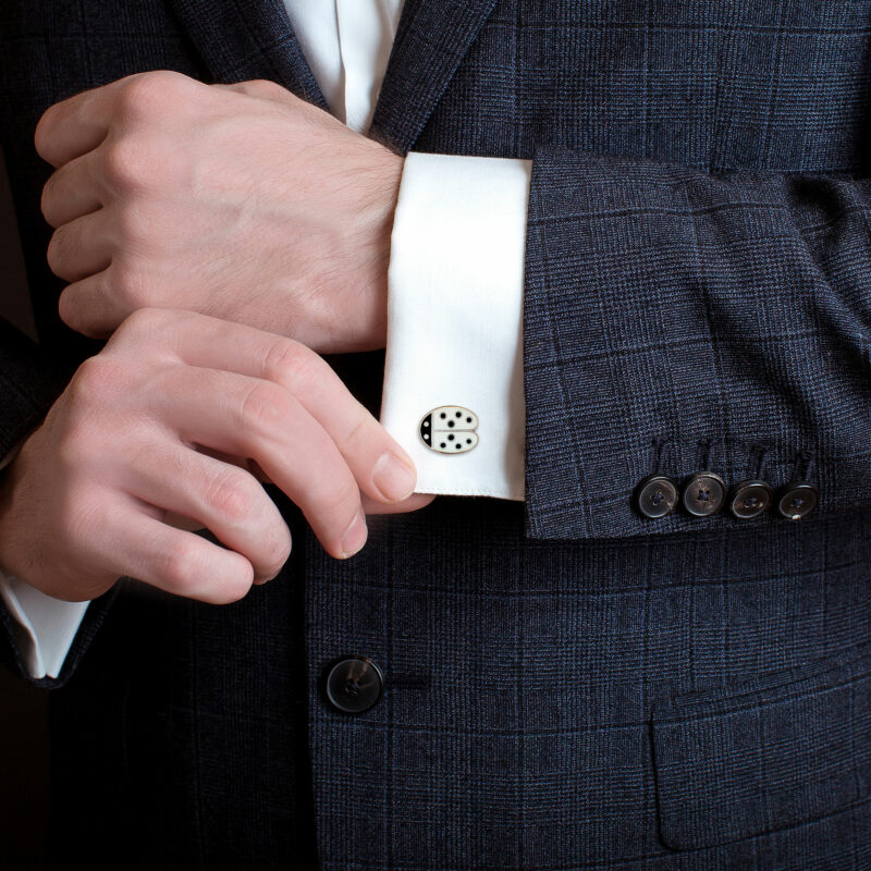 Sterling silver and enamel black dot chain link cufflinks