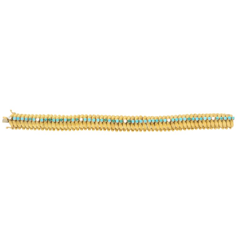 Vintage 1960s Turquoise and Diamond Bracelet in Yellow Gold