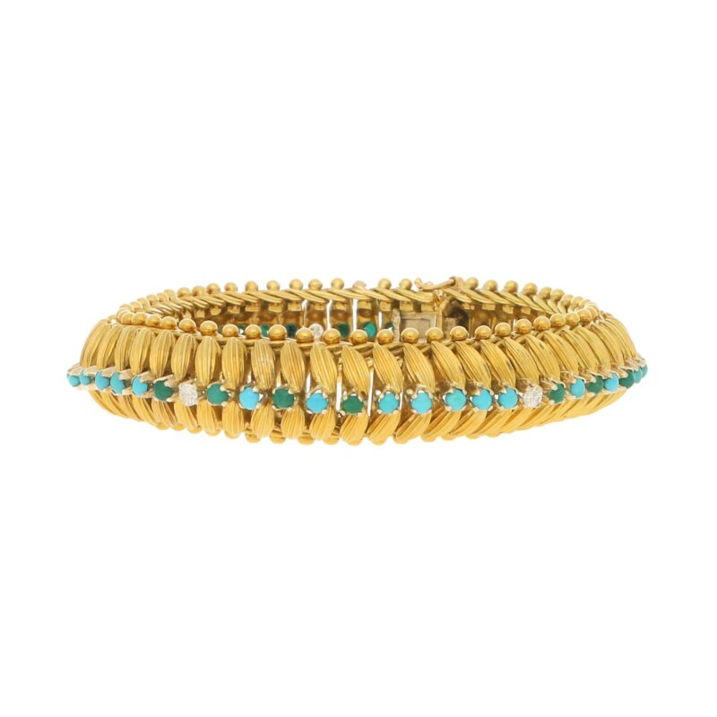 Vintage 1960s Turquoise and Diamond Bracelet in Yellow Gold