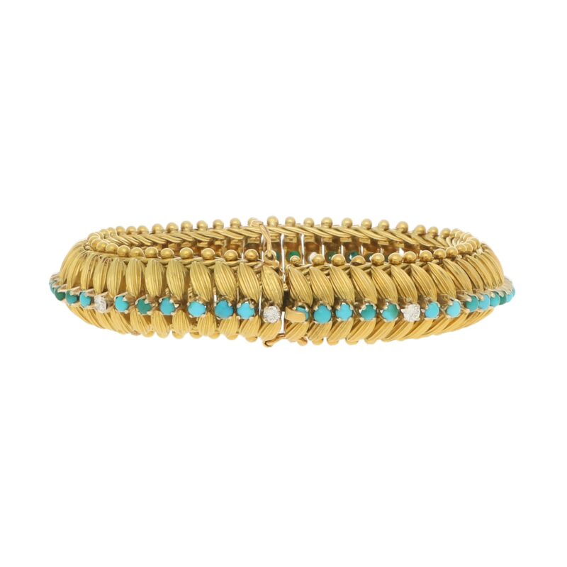 Vintage 1960s Turquoise and Diamond Bracelet in Yellow Gold