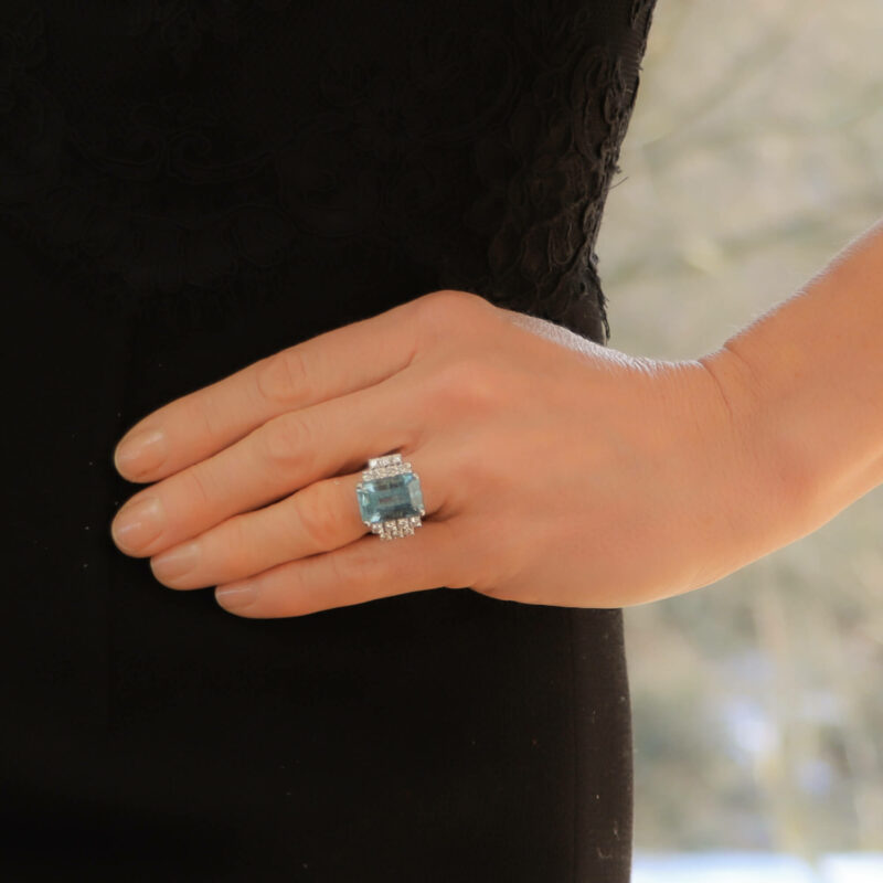 Art Deco Inspired Aquamarine and Diamond Cocktail Ring