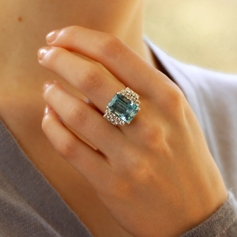 Art Deco Inspired Aquamarine and Diamond Cocktail Ring