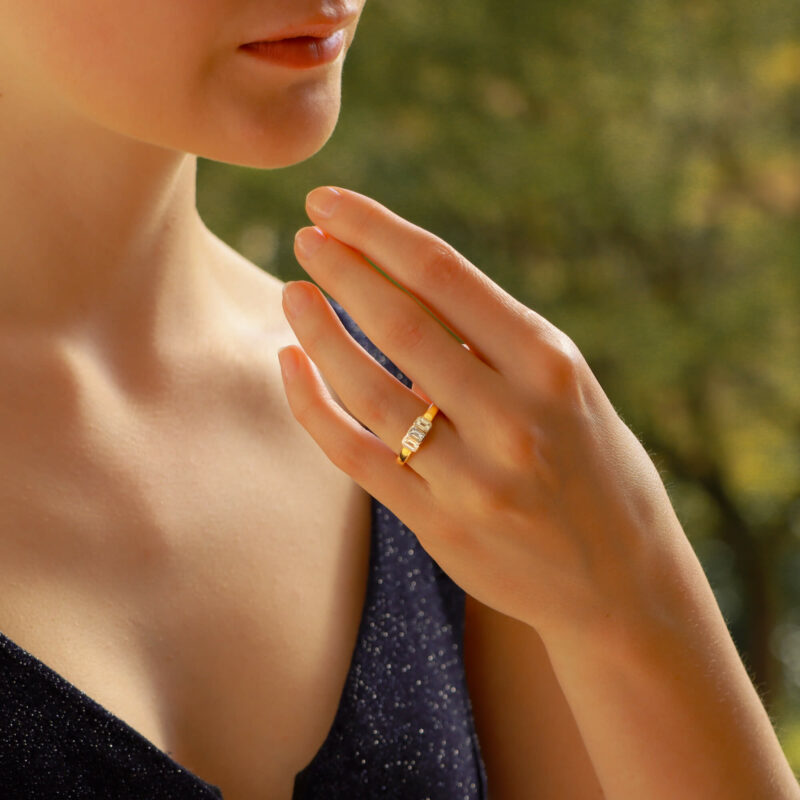 1990s Emerald-Cut Diamond Three Stone Ring in Yellow White Gold