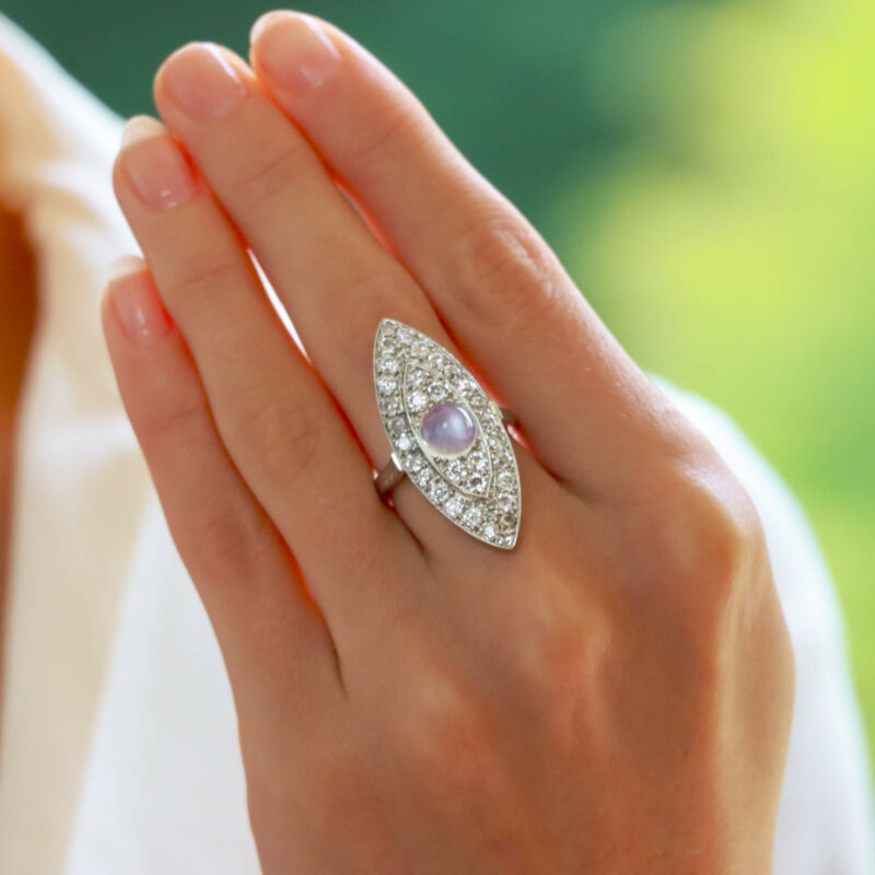 Art Deco Moonstone and Diamond Cocktail Dress Ring in Platinum