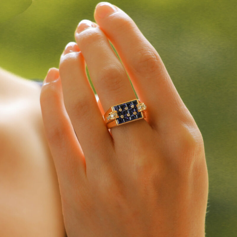 Retro Sapphire and Diamond Cocktail Ring in Rose Gold, c. 1940