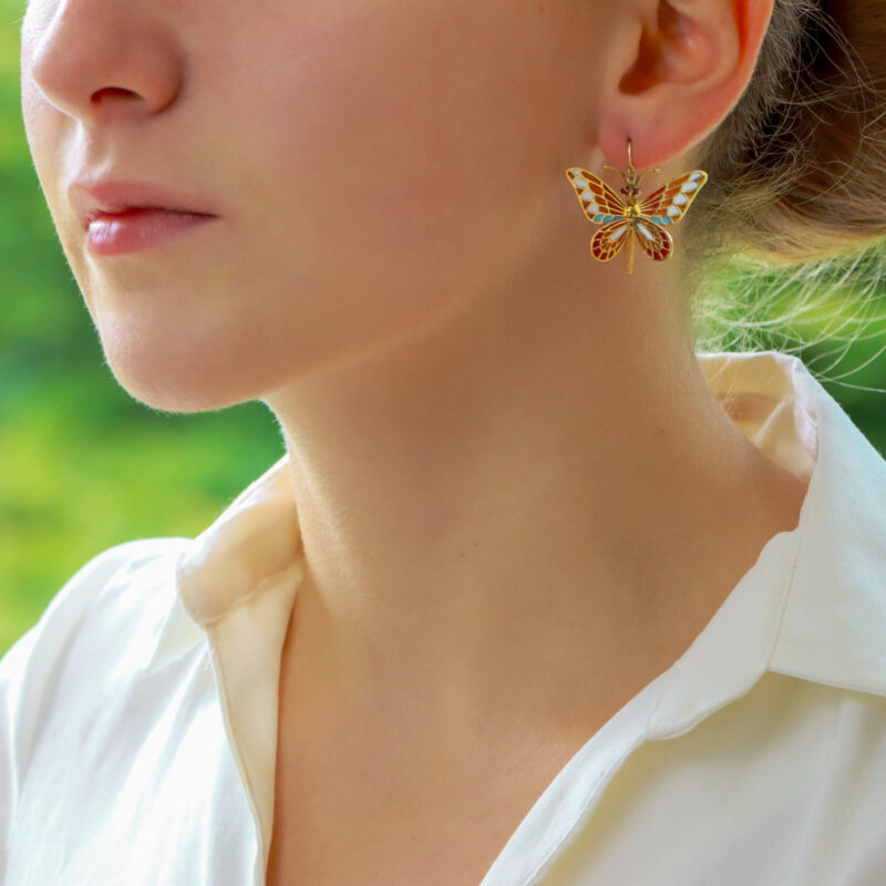 Butterfly Enamel Drop Earrings in Yellow Gold