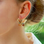 Butterfly Enamel Drop Earrings in Yellow Gold