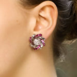 Diamond and Ruby Swirl Clip Earrings in White Gold