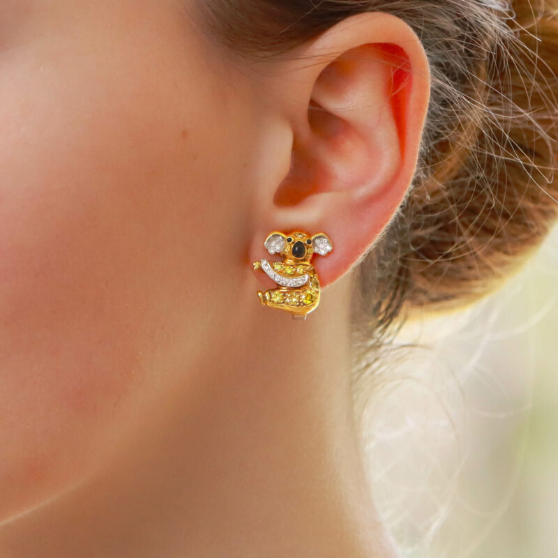 Vintage Koala Bear Diamond Yellow Diamond Onyx Clip Earrings at Susannah Lovis Jewellers