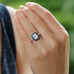 Emerald Cut Diamond and Sapphire Target Engagement Ring Platinum