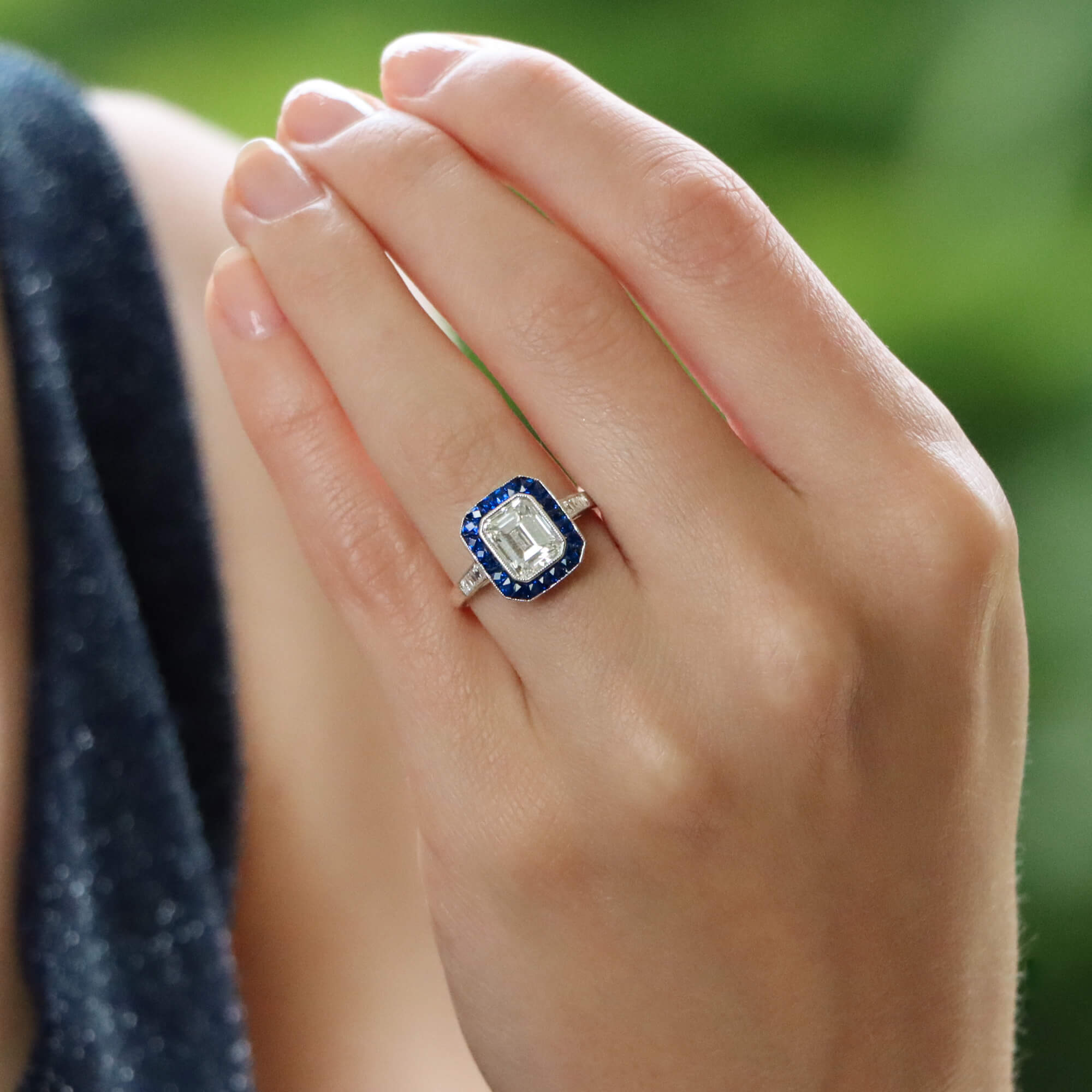 Emerald cut sapphire 2025 and diamond ring