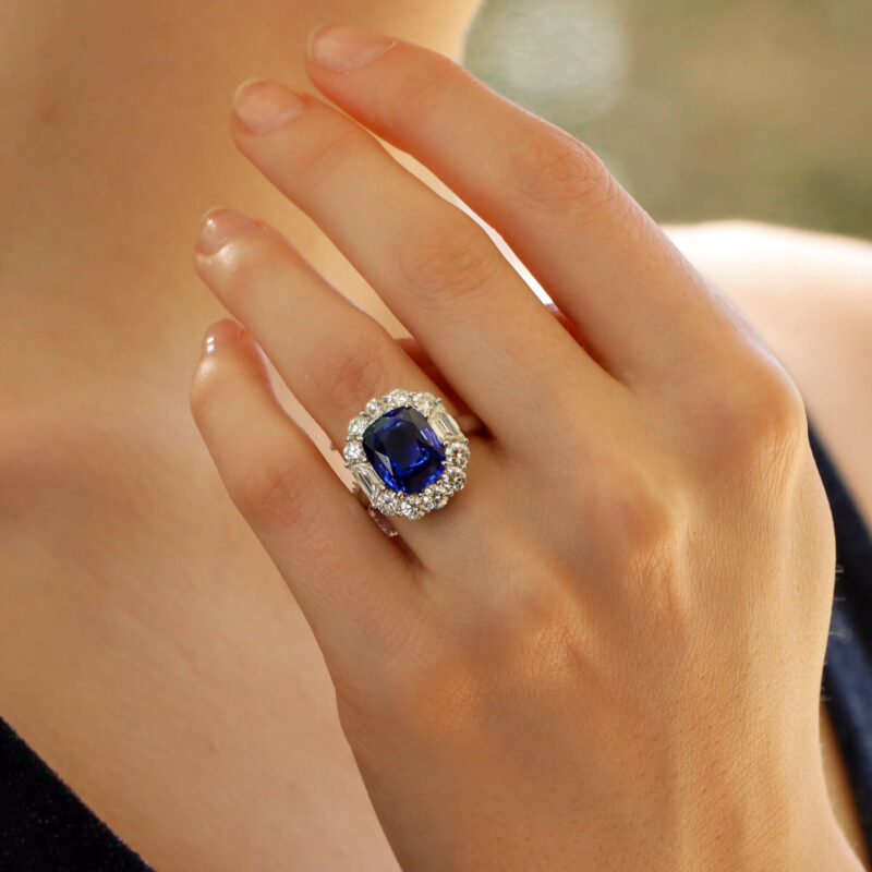 Art Deco Style 7.62ct Blue Sapphire and Diamond Cluster Ring