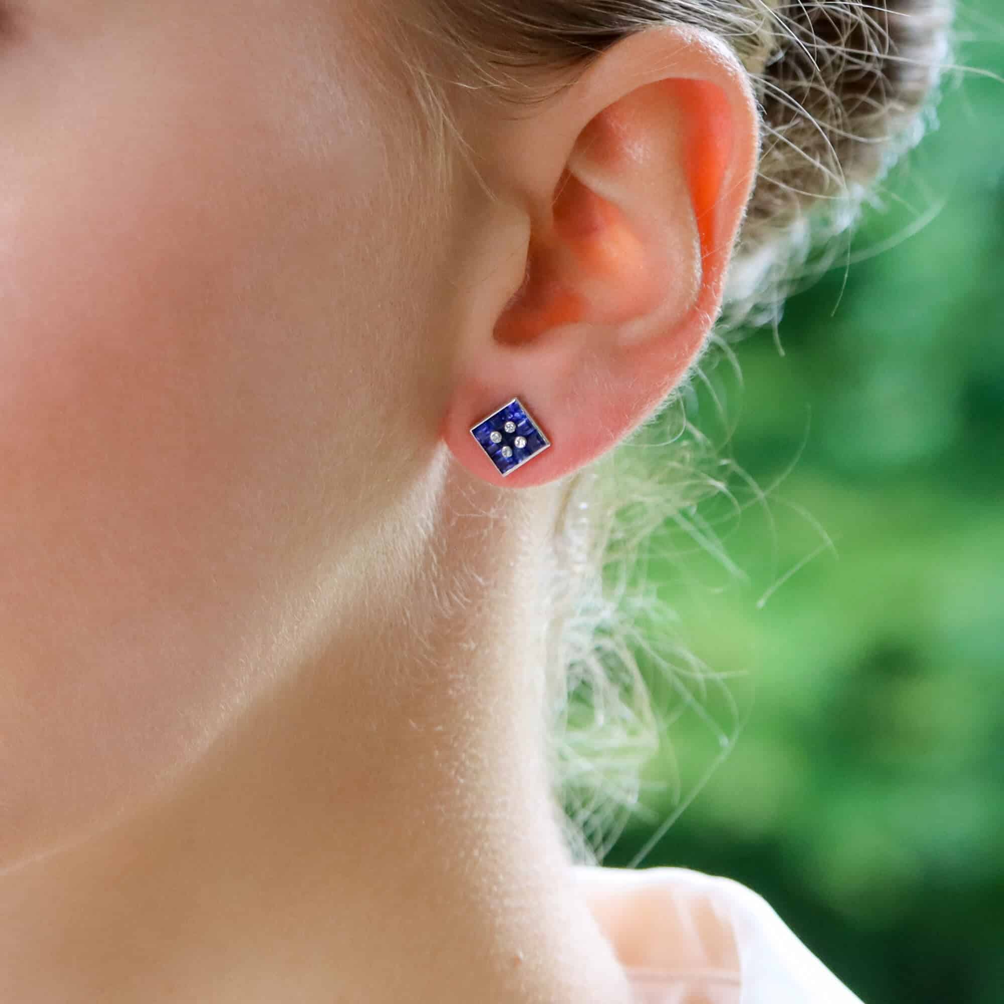 Sapphire and Diamond Square Button Stud Earrings