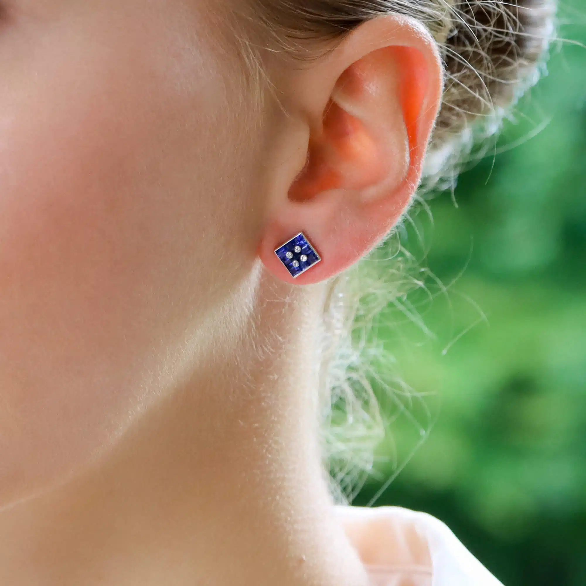 Sapphire and Diamond Square Button Stud Earrings