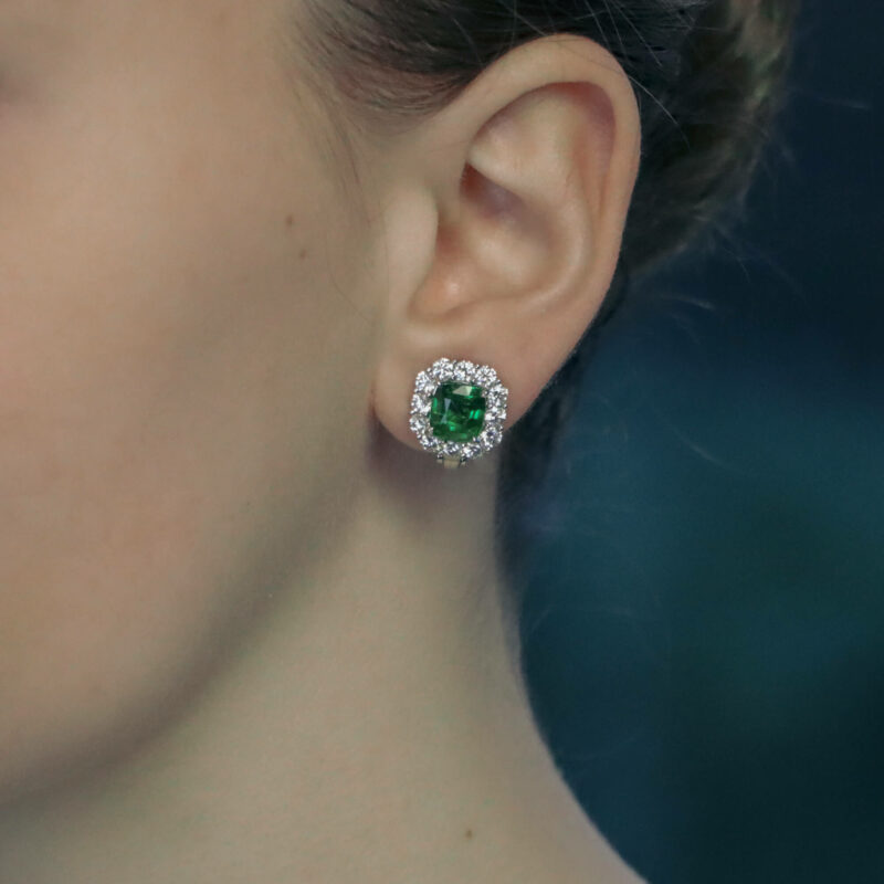 Tsavorite garnet diamond cluster earrings in platinum